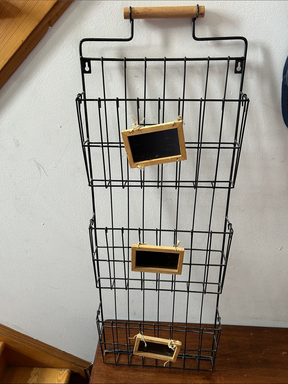 Black Wire Wall Organizer with Wood Handle and Chalk Labels